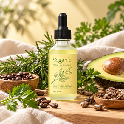 Veganic hair growth oil with rosemary, parsley, avocado, coffee and castor beans