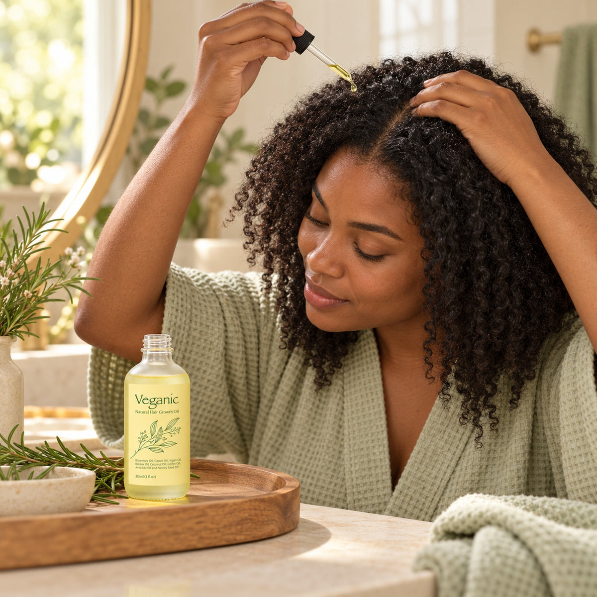 Woman with natural curls applying rosemary hair oil to her scalp with the dropper