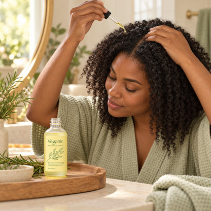 Woman with natural curls applying rosemary hair oil to her scalp with the dropper
