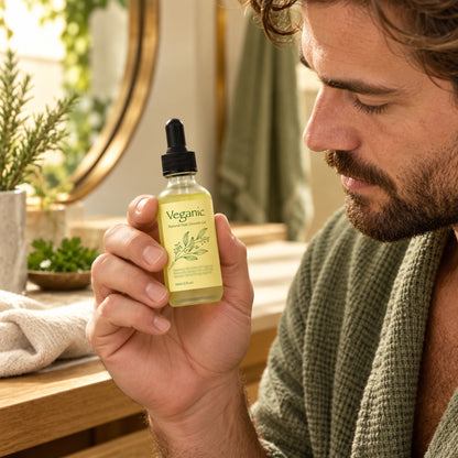 Bearded man holding the 30 ml Veganic hair growth oil bottle for size