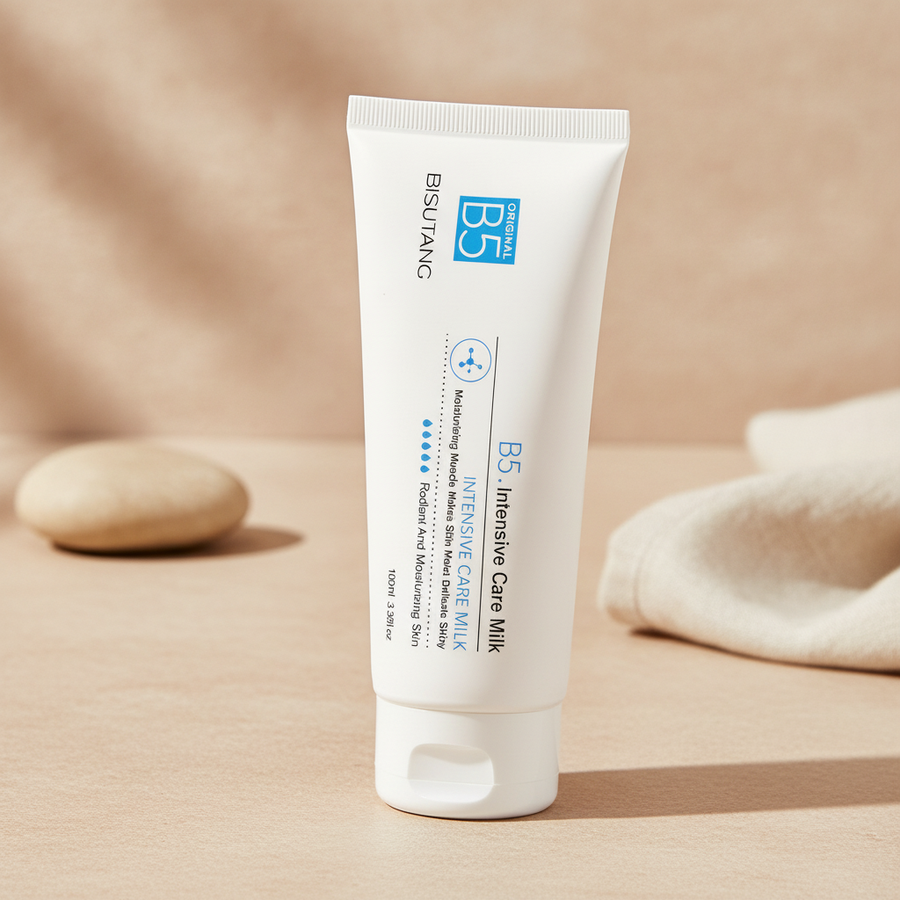 Vitamin B5 Intensive Care Milk — premium styled three-quarter angle on warm neutral surface