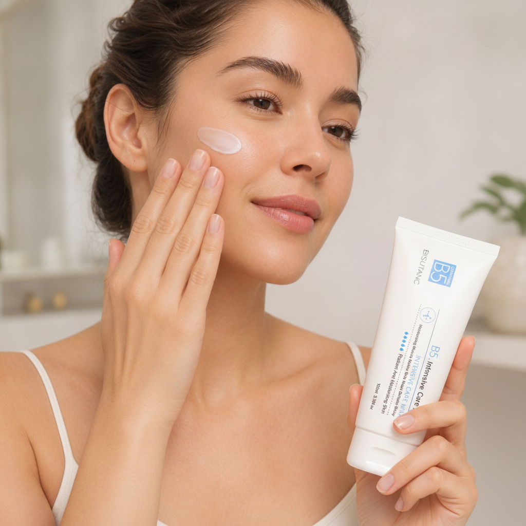 Vitamin B5 Intensive Care Milk being applied to the face for daily hydration