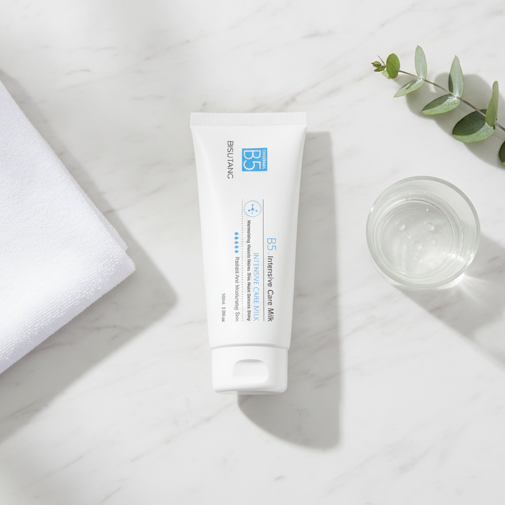 Vitamin B5 Intensive Care Milk — editorial flat lay for long-lasting hydration