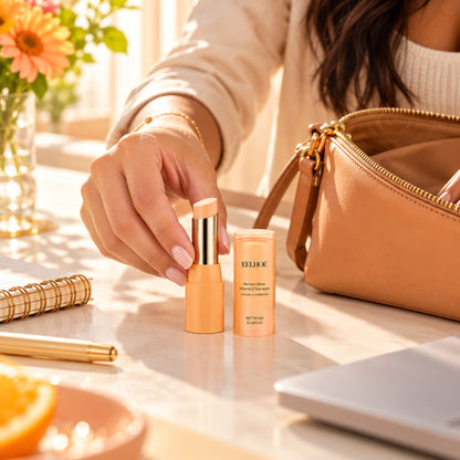 Compact 4 g Vitamin C eye balm stick taken from a handbag for on-the-go use