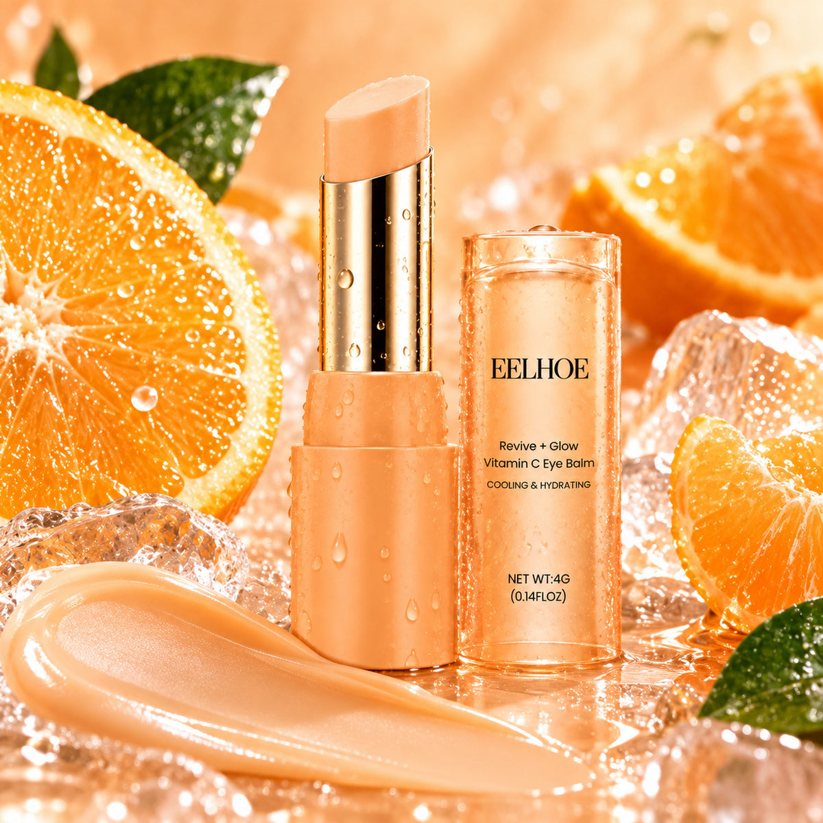 Cooling Vitamin C eye balm texture with fresh oranges and ice