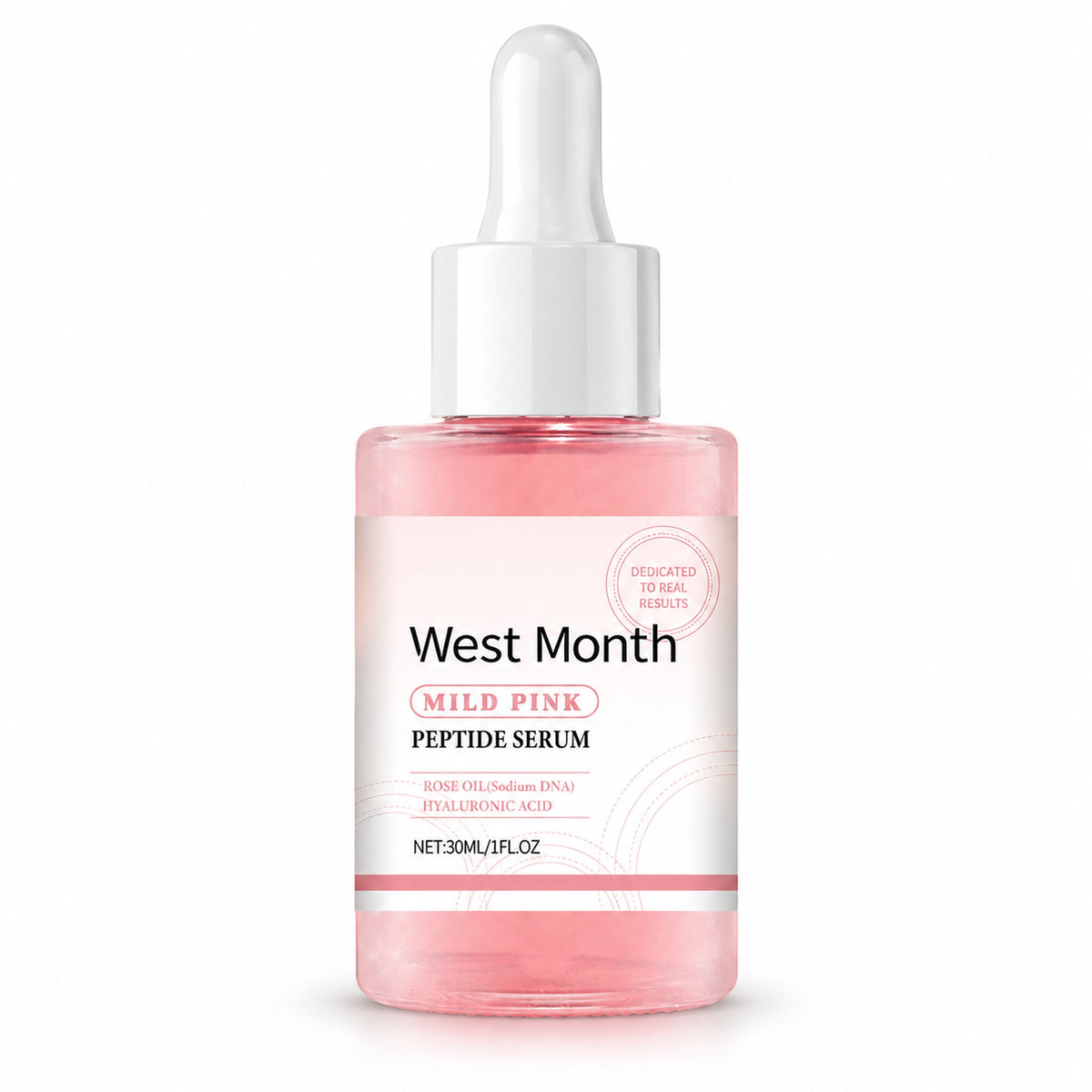 West Month Mild Pink Peptide Serum 30ml frosted pink dropper bottle on a pure white background