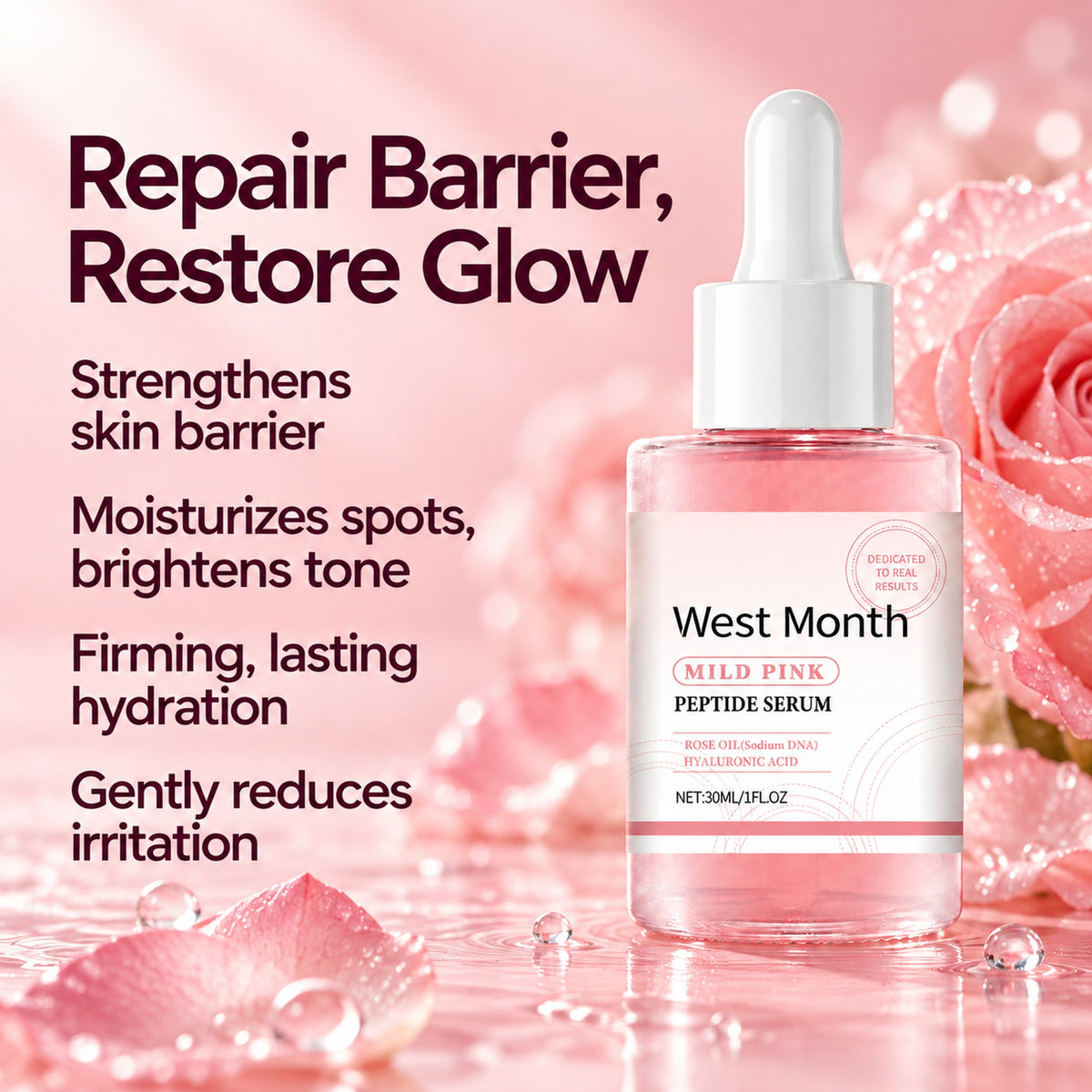 Mild Pink Peptide Serum benefits: strengthens skin barrier, moisturizes spots and brightens tone, firming lasting hydration, gently reduces irritation