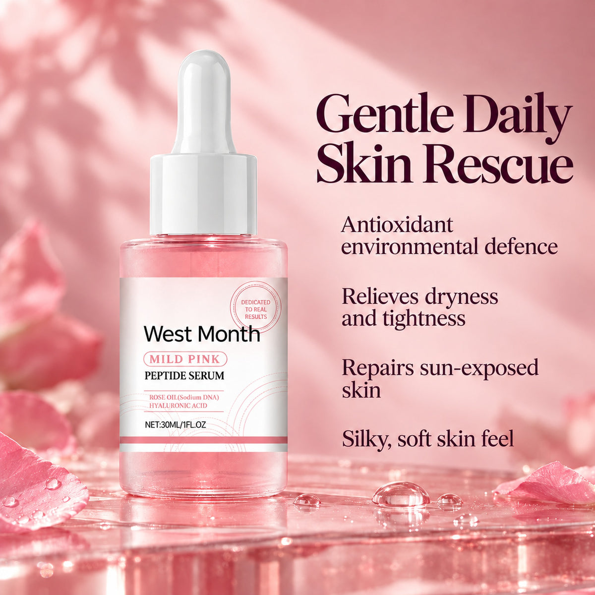 Mild Pink Peptide Serum: antioxidant environmental defence, relieves dryness and tightness, repairs sun-exposed skin, silky soft skin feel