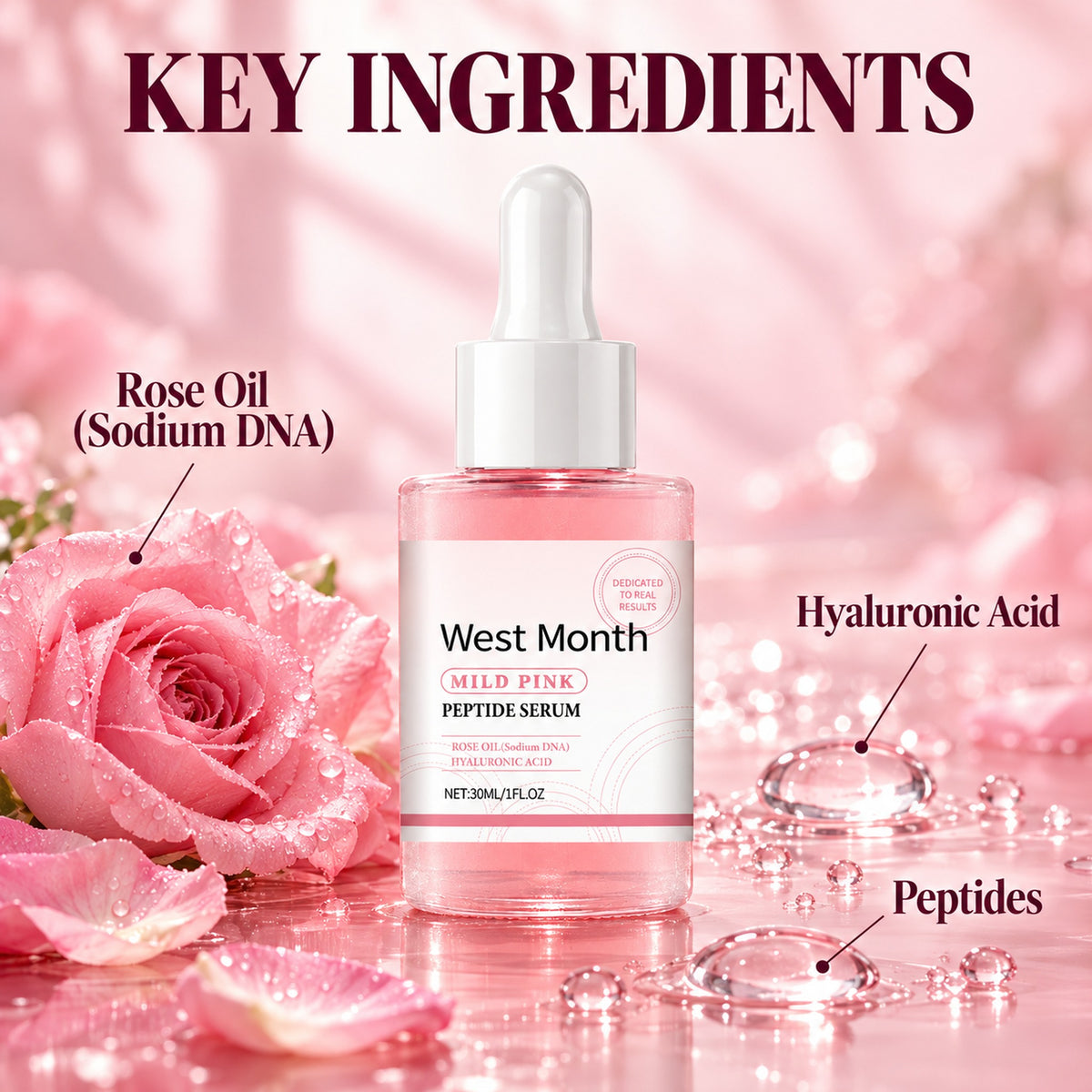 Key ingredients of West Month peptide serum: rose oil (sodium DNA), hyaluronic acid and peptides, with pink roses and dew drops
