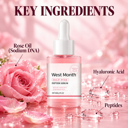 Key ingredients of West Month peptide serum: rose oil (sodium DNA), hyaluronic acid and peptides, with pink roses and dew drops