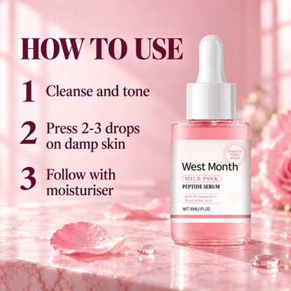 How to use the Mild Pink Peptide Serum: cleanse and tone, press 2-3 drops on damp skin, follow with moisturiser