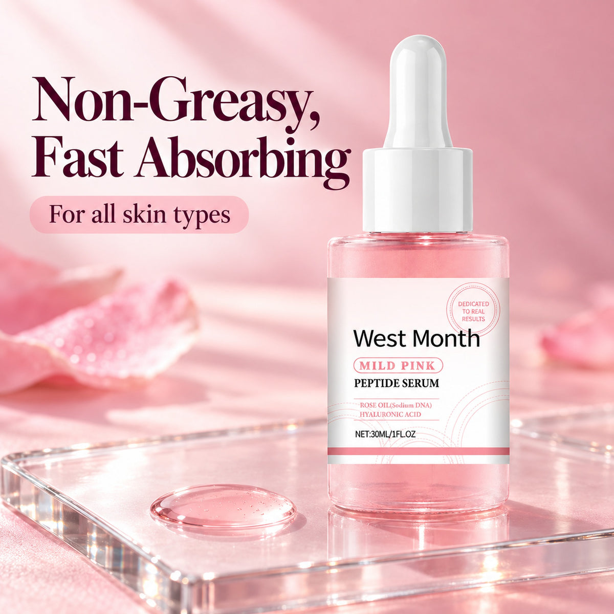 Light rosy serum texture drop on glass next to the bottle - non-greasy, fast absorbing, for all skin types