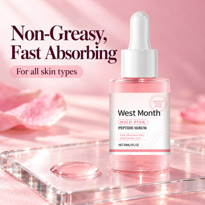 Light rosy serum texture drop on glass next to the bottle - non-greasy, fast absorbing, for all skin types