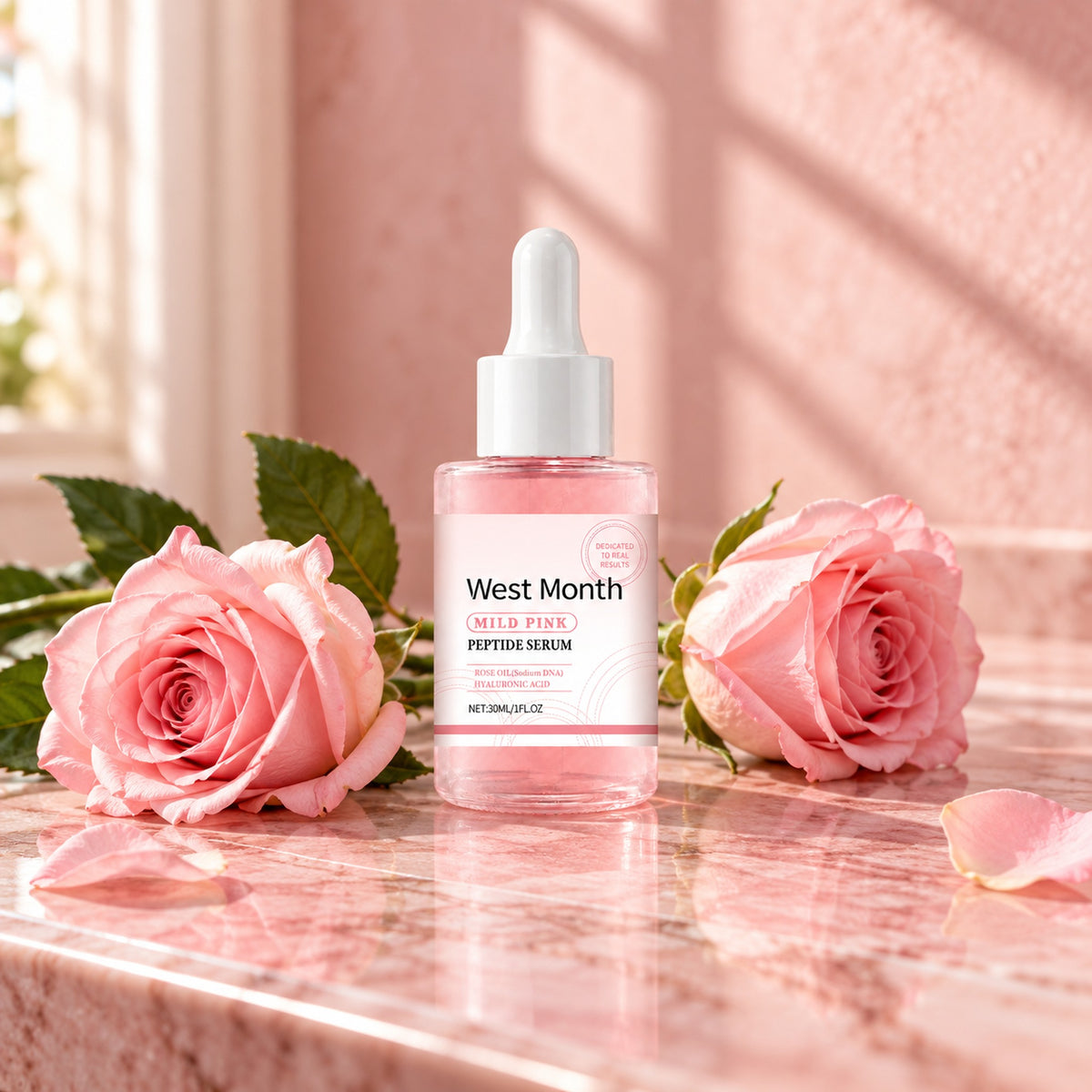 West Month Mild Pink Peptide Serum on a pink marble vanity with fresh pink roses