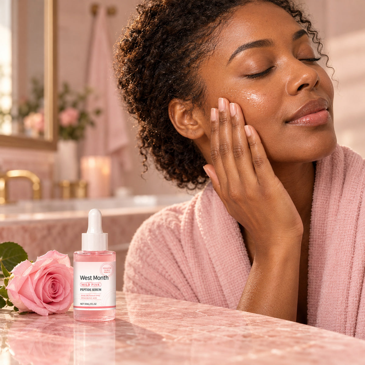 Woman pressing rose peptide serum into her cheek in a soft pink bathroom, serum bottle on the counter