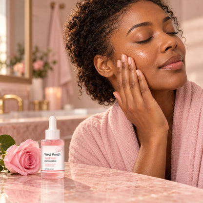 Woman pressing rose peptide serum into her cheek in a soft pink bathroom, serum bottle on the counter