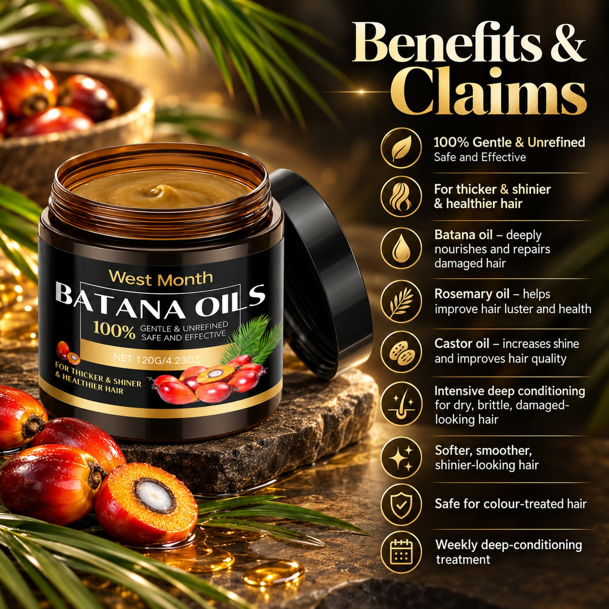 Batana hair mask benefits: for thicker, shinier, healthier hair; deeply nourishes and repairs damaged hair; safe for colour-treated hair