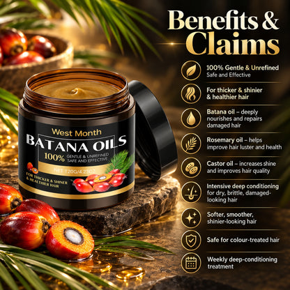 Batana hair mask benefits: for thicker, shinier, healthier hair; deeply nourishes and repairs damaged hair; safe for colour-treated hair