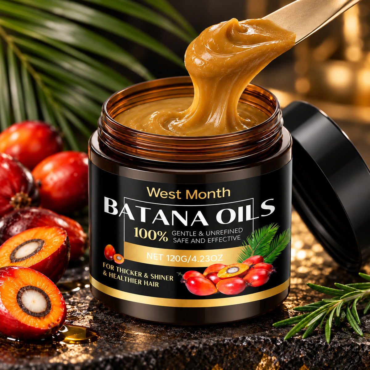 Rich golden batana mask cream scooped from the jar