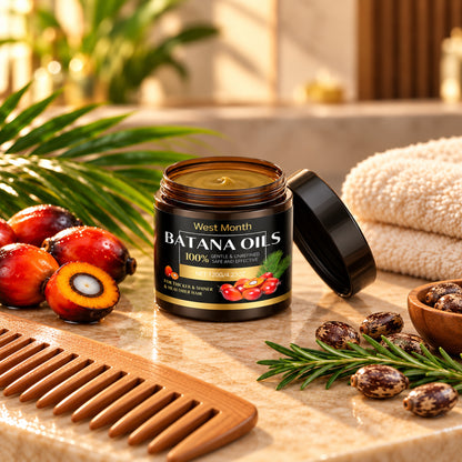 Batana hair mask jar with palm fruit, castor beans, rosemary and wide-tooth comb