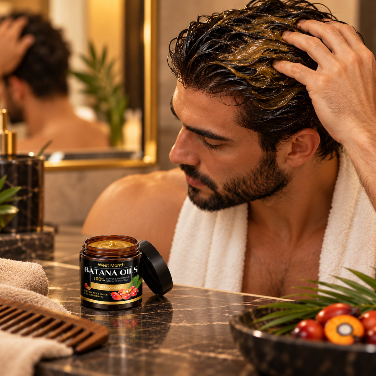 Man working the batana mask through his hair at the bathroom mirror