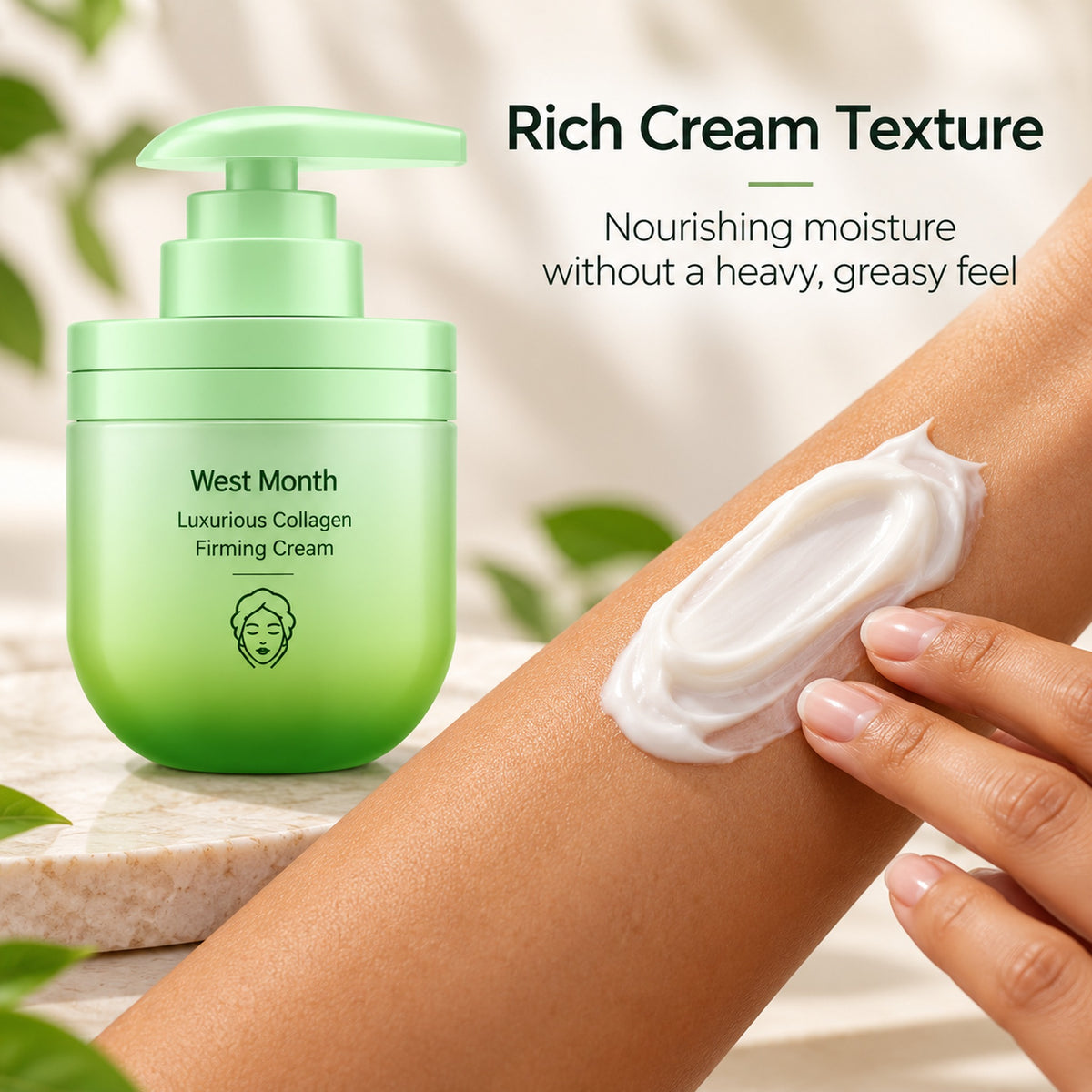 Rich collagen body cream texture applied to the arm without a heavy, greasy feel