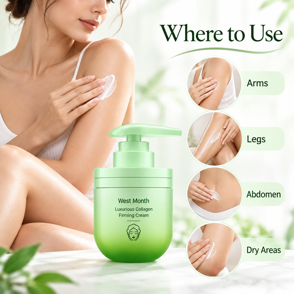 Where to use the collagen body cream: arms, legs, abdomen and dry areas