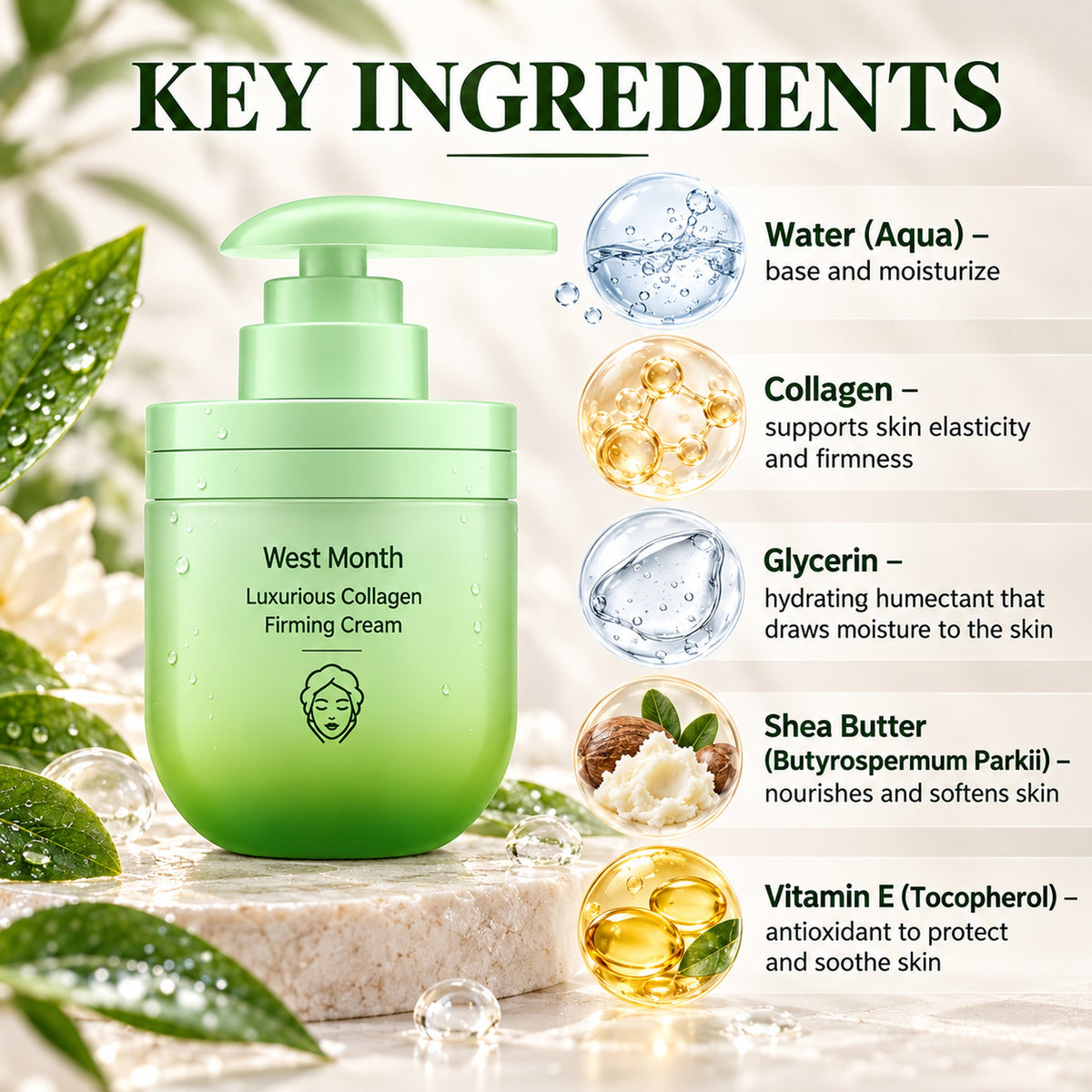 Key ingredients: water, collagen, glycerin, shea butter and vitamin E