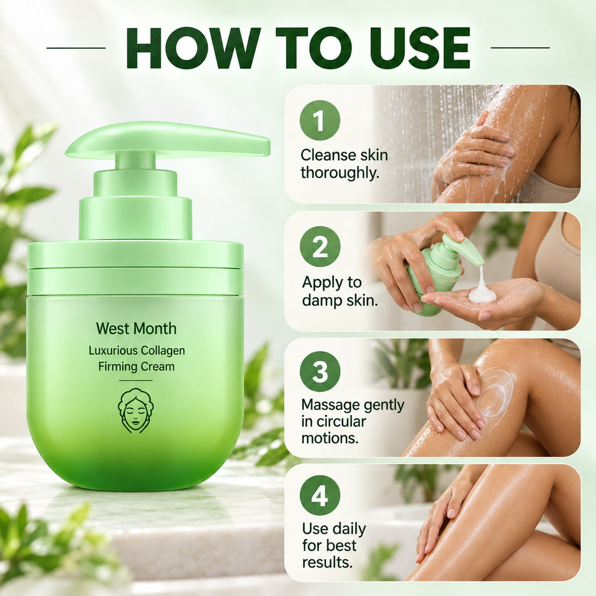 How to use the collagen body cream in 4 steps on damp body skin