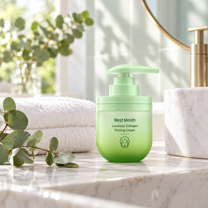 West Month collagen firming cream in a bright bathroom with eucalyptus and towels
