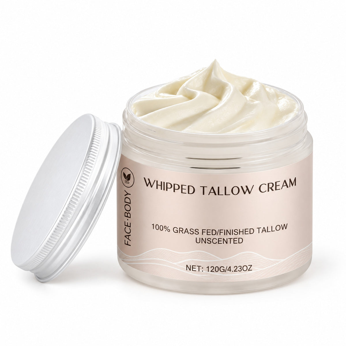 Whipped Tallow Cream 120 g jar, 100% grass fed/finished tallow, unscented, face and body, on white