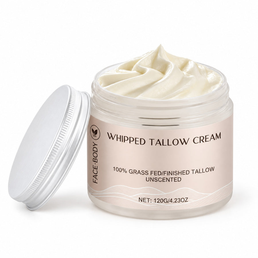 Whipped Tallow Cream 120 g jar, 100% grass fed/finished tallow, unscented, face and body, on white