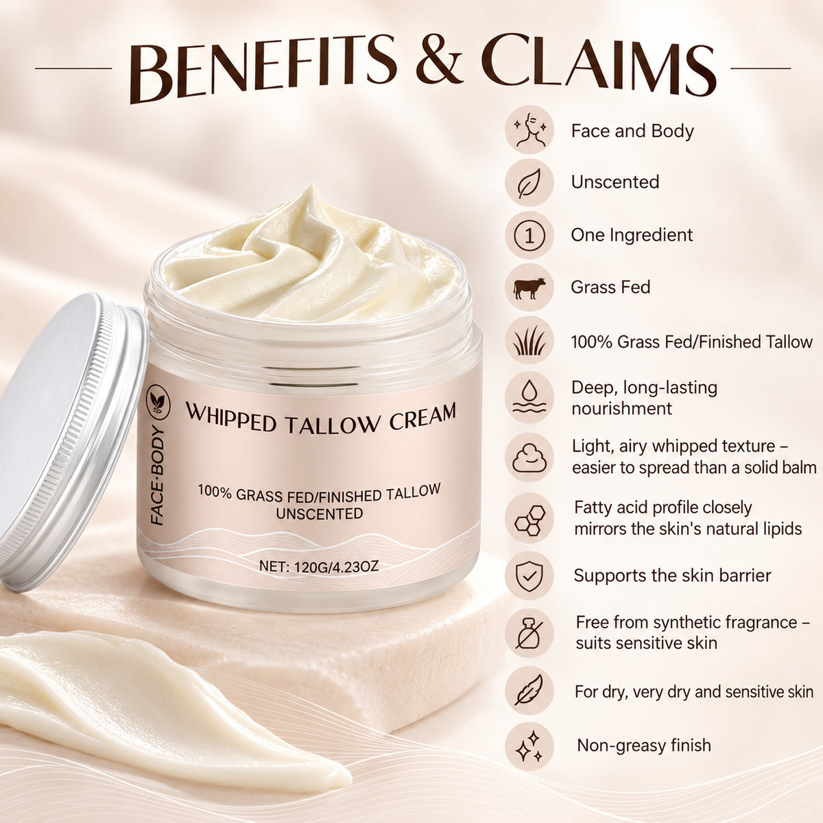 Whipped tallow cream benefits: face and body, unscented, one ingredient, grass fed, deep nourishment, supports the skin barrier