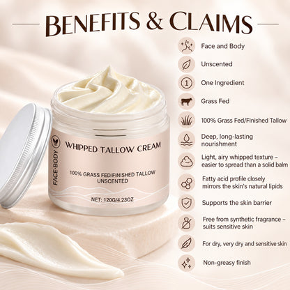 Whipped tallow cream benefits: face and body, unscented, one ingredient, grass fed, deep nourishment, supports the skin barrier