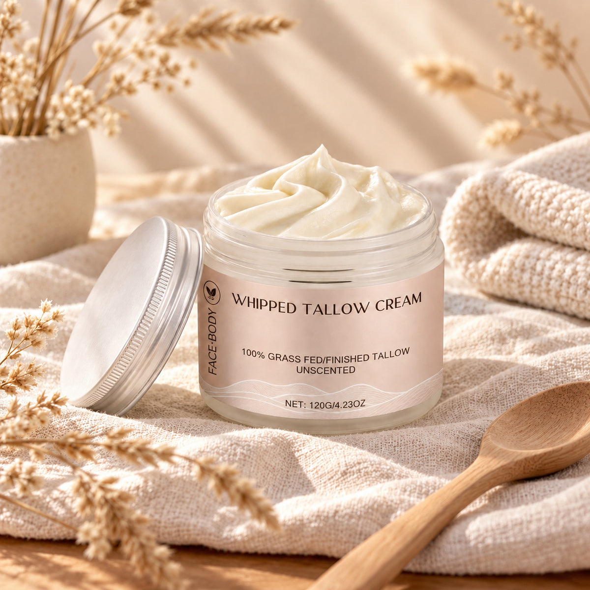 Whipped tallow cream jar on linen with dried grasses and a wooden spoon