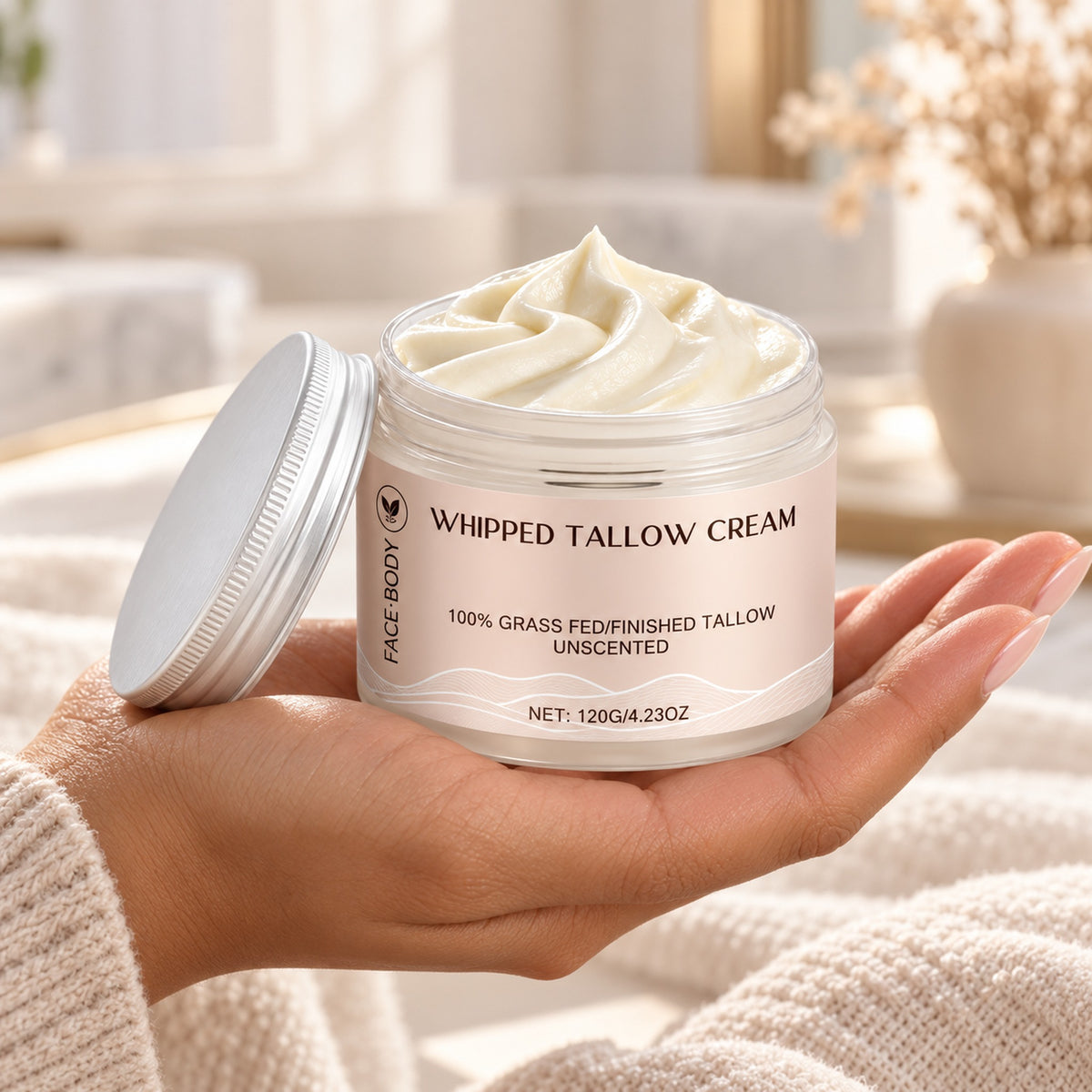 Open 120 g whipped tallow cream jar resting in a hand for size