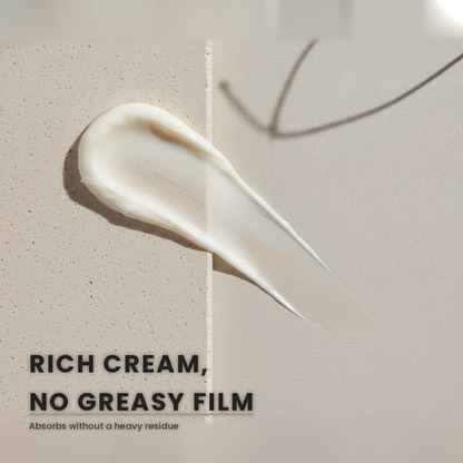 Macro of the rich white Wild Yam Cream smoothed into a thinning, non-greasy film on pale stoneware