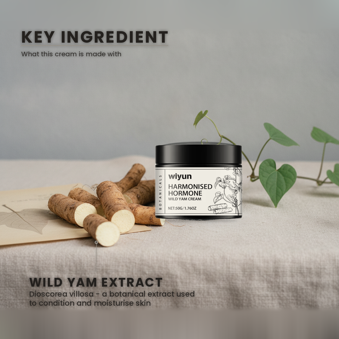 Key ingredient wild yam extract: Wild Yam Cream jar with cut Dioscorea villosa root and a heart-shaped vine
