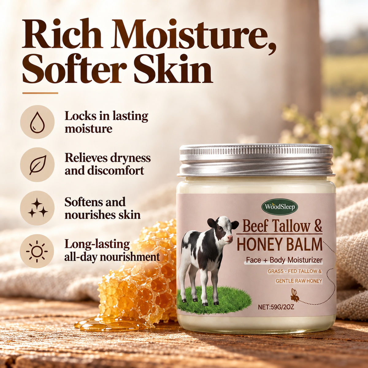 WoodSleep Beef Tallow & Honey Balm benefits: locks in lasting moisture, relieves dryness and discomfort, softens and nourishes skin, long-lasting all-day nourishment