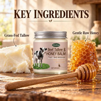 Key ingredients: grass-fed tallow and gentle raw honey, with honeycomb and a honey dipper beside the balm jar
