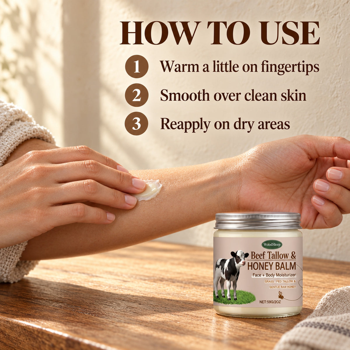 How to use the tallow honey balm: warm a little on fingertips, smooth over clean skin, reapply on dry areas