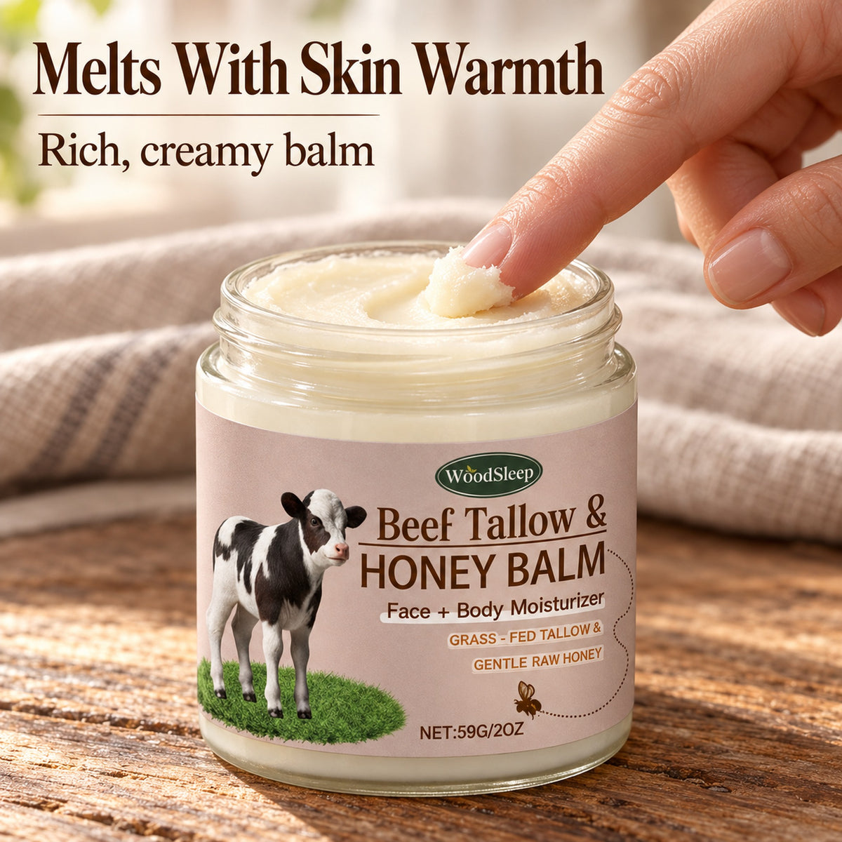 Rich, creamy ivory balm texture that melts with skin warmth, fingertip swipe in the open jar