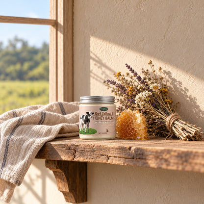 WoodSleep Beef Tallow & Honey Balm jar on a rustic farmhouse shelf with honeycomb and dried wildflowers