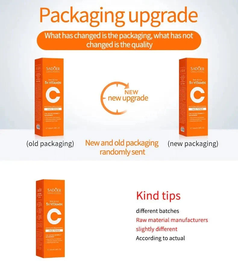 Sadoer vitamin C packaging upgrade notice — new and previous box designs may ship interchangeably.