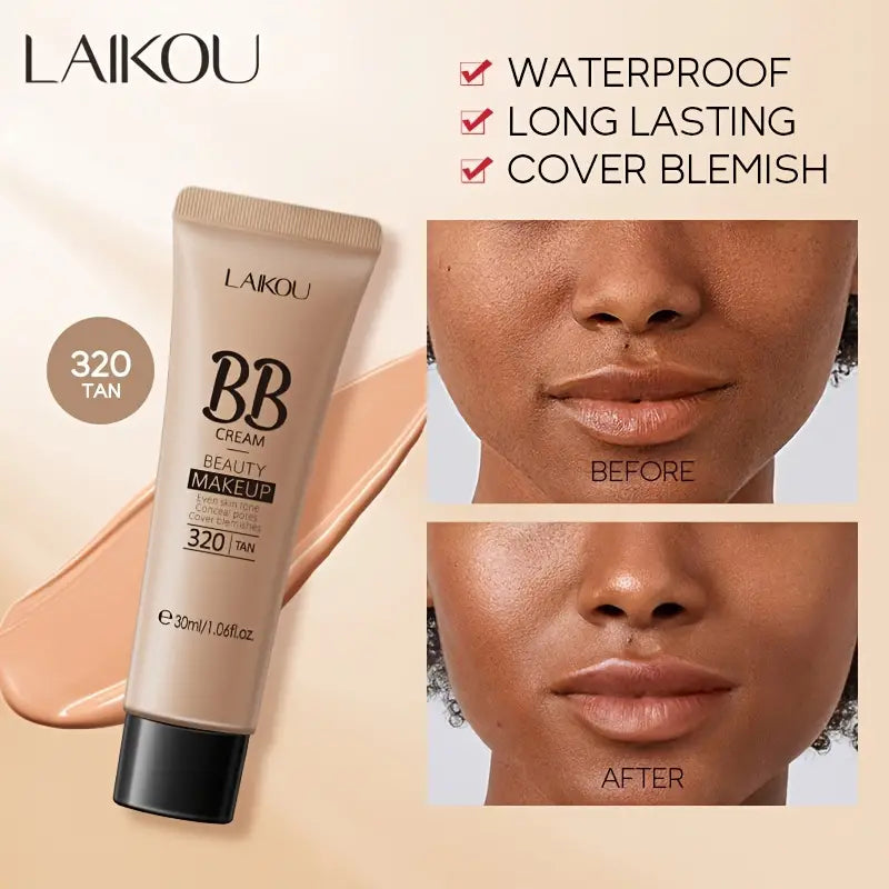 Before-and-after of LAIKOU BB cream in shade 320 Tan showing full-coverage waterproof finish