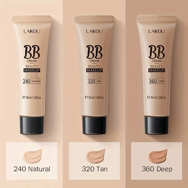 LAIKOU BB cream foundation in shades 240 Natural, 320 Tan, and 360 Deep with matching swatches
