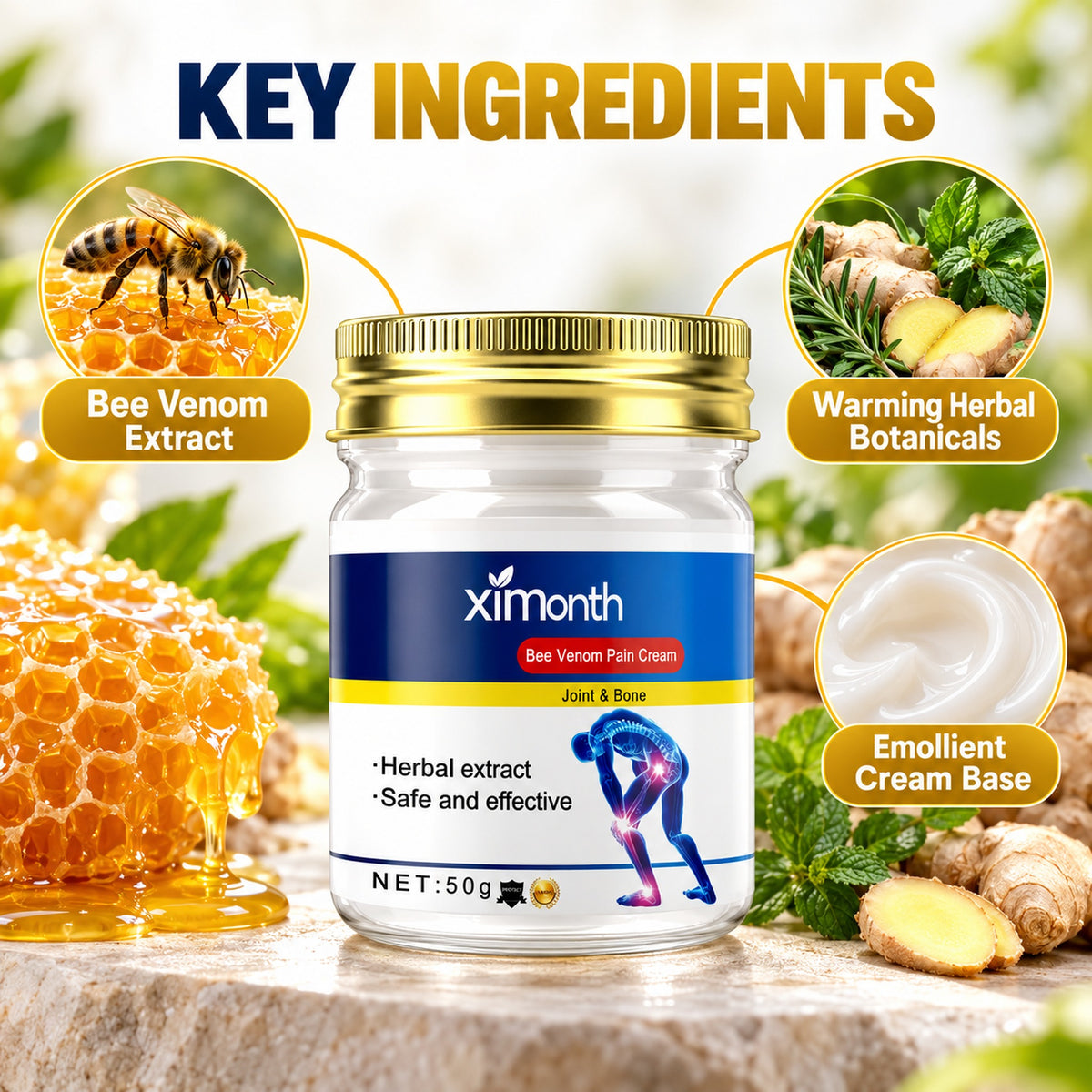 Key ingredients of the Ximonth Bee Venom cream: bee venom extract, warming herbal botanicals, emollient cream base