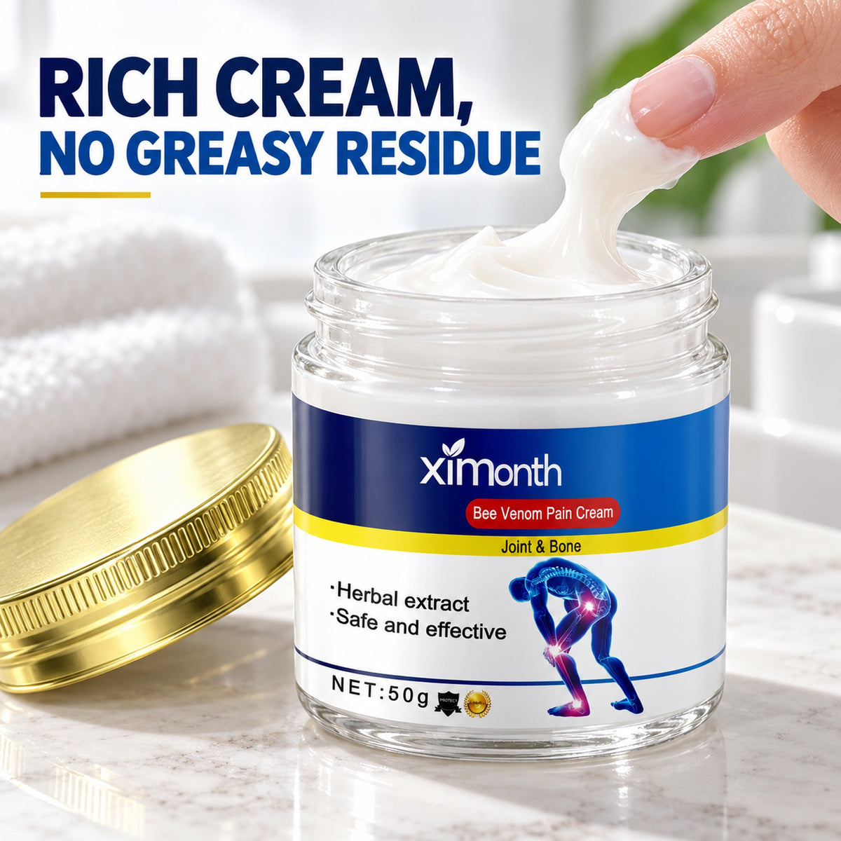 Open jar of Ximonth Bee Venom cream with a fingertip of rich white cream - no greasy residue