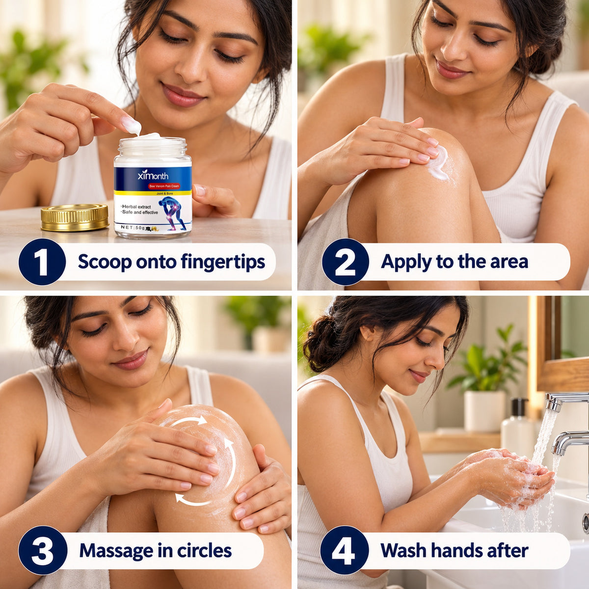 How to use the Bee Venom warming cream in 4 steps: scoop onto fingertips, apply to the area, massage in circles, wash hands after