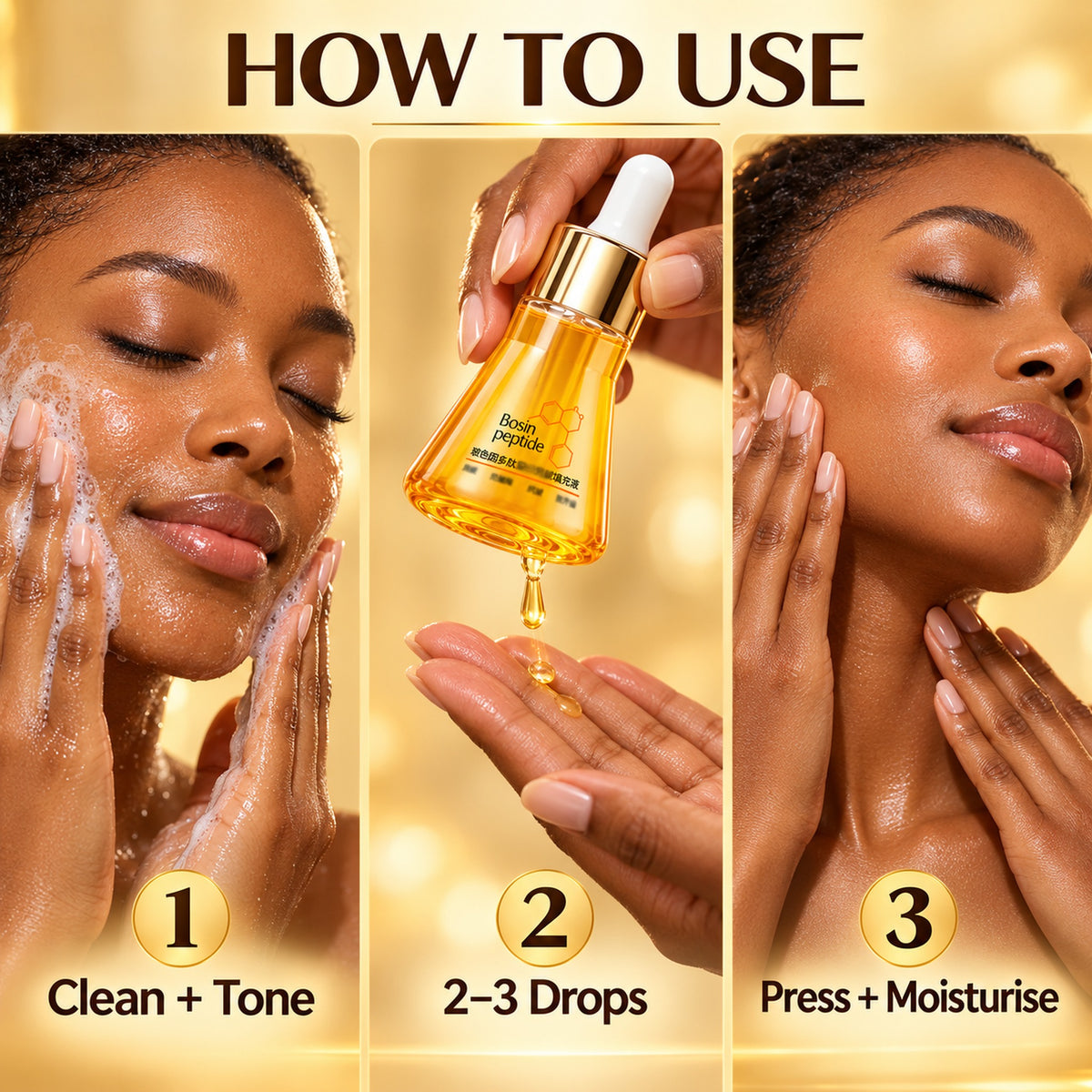 How to use in 3 steps: clean and tone, 2-3 drops, press in and moisturise